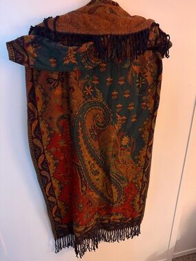 Paisley Fringe Wrap Scarf in Green and Brown